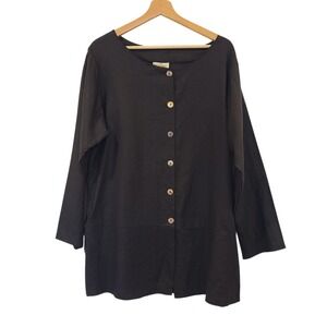 True Love Womens Black 100% Linen Button Front Tunic Top Long Sleeve Pockets L